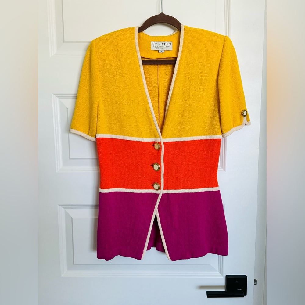 Rare Vintage St John Color Block Bright Cardigan Short Sleeve Sweater Sz 8